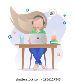 Girl in headset, headphones with microphone, laptop, notebook,  pens and cup of coffee on a table. Call center. Vector illustration isolated on white background.