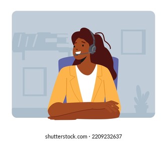 Girl in Headset Hotline Consultant Character Chat with Client in Call Center Answering Professional Questions. Technical Receptionist Customer Support Service, Helpdesk. Cartoon Vector Illustration