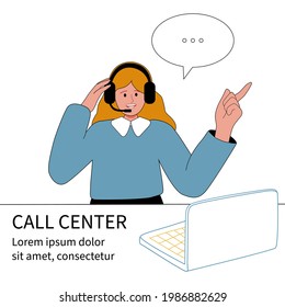 Niña con auriculares y portátil de asistencia técnica trabaja en un centro de llamadas. Ilustración vectorial de estilo moderno. Aislado sobre fondo blanco