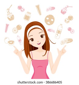 Girl With Health Skin Face And Body Icons Set, Facial, Treatment, Beauty, Cosmetic, Makeup, Lifestyle