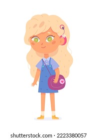 Girl with hearing aid vector illustration. Cartoon isolated cute disabled child standing, deaf kid wearing medical cochlear device on ear to hear voice and listen to music, physical disability