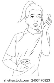 A girl hearing something in outline and vector.