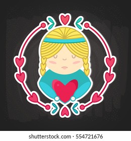 Girl with heart colored logo isolated on blackboard. Cartoon concept doodle art for textile, t-shirt print, magazine, child book, fairy tales, website, app and design project. Vector illustration.