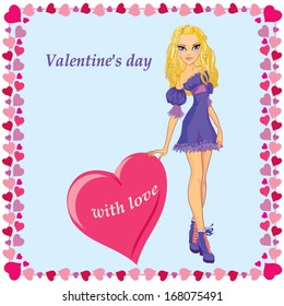 Girl with a heart to the day of Saint Valentin in a scope from hearts on blue 
