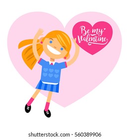 Girl with heart, greetings Happy Valentine's Day. Cartoon vector flat-style illustration