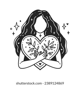 Girl with Heart in hands. Self care Feminine vector Illustrations. Mental Healthcare. Card, valentines card, Women s Day. Doodle style