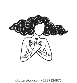 Girl with Heart in hands. Self care Feminine vector Illustrations. Mental Healthcare. Card, valentines card, Women s Day. Doodle style