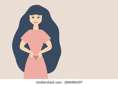 A girl with a heart in her hands on a beige background. A young woman expecting a baby. Vector illustration.