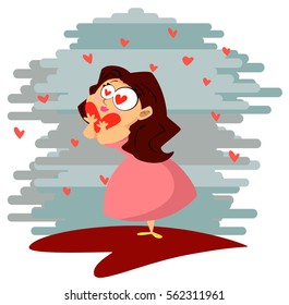 Girl with heart in her hands. St Valentines day card. Cartoon girl character. 