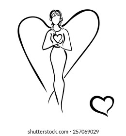 Girl With Heart Isolated. Guardian Angel. Mom. Vector Illustration. 