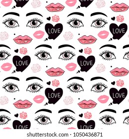 Girl and heart Modern black ink illustration of a comic style.  Seamless pattern Isolated on white background.