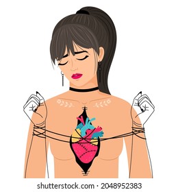 Girl heart pain concept. Woman breast pain vector illustration, breakup lover lonely female, painful relationships knitted arms bad feelings lady with crying face isolated on white