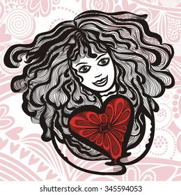 Girl with heart and romantic pattern background vector illustration