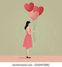 girl with heart shaped balloons, valentine's day concept 