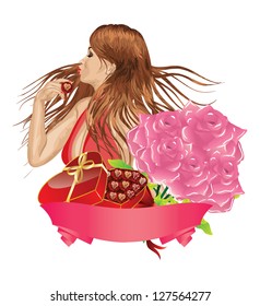 Girl with heart shaped gift box, pink roses and ribbon.