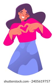 A girl and the heart symbol. A sign of sympathy, love, approval, friendly and welcoming gesture. Girl expresses love with her hands, making a heart-shaped gesture with her fingers. 