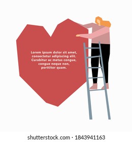 Girl with heart template hand drawn flat vector illustration. St valentine celebrate card