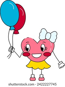 Girl heart.Fashionable retro cartoon heart character. Groovy style, vintage, 70s-60s aesthetics. Valentine's Day. Vector illustration
