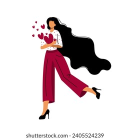 Girl with hearts in flat style. Isolate on a white background Valentine's day. Vector illustration.