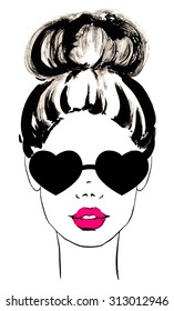 Girl In Hearts Sunglasses And Hairstyle