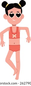 Girl with heart-shaped sunglasses and a swimsuit stands in a playful pose in cartoon style. Young female character strikes a fun stance wearing eyewear and beach attire. Cartoon vector illustration.