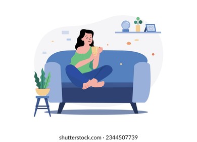 Girl Heaving Coffee And Relaxing On The Sofa