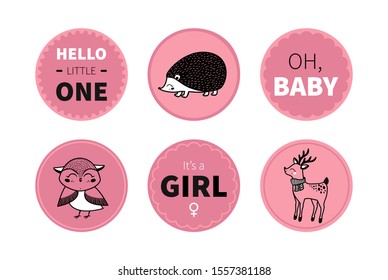 It's a girl. Hello little one. Oh, baby. Cute  pink vector stickers with cartoon animal characters. Hedgehog, owl and deer.