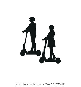 Girl with helmet and guy on electric scooter silhouette. Safe driving