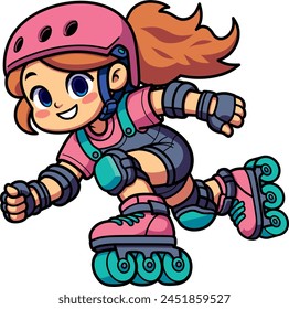 girl in a helmet and knee pads skates on roller skates.