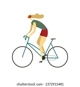 Girl in the helmet quickly rides a bicycle. Vector illustration.