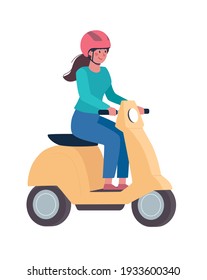 A girl in a helmet rides a modern moped. Vector, flat style. Alternative environmentally friendly transport, healthy lifestyle. Woman on a motorbike