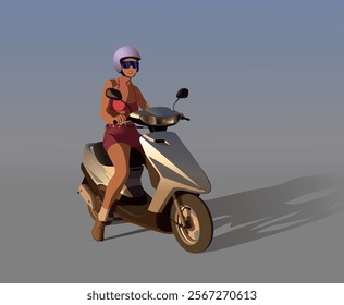 A girl in a helmet sits on a scooter. Vector.