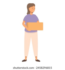 Girl helping with cleaning icon cartoon vector. Take her box. Domestic routine