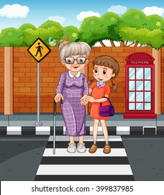 Girl helping grandmother crossing the street illustration