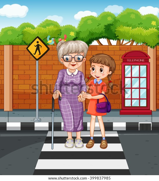 Girl Helping Grandmother Crossing Street Illustration Stock Vector ...