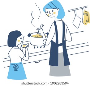 Girl helping her mother cook in the kitchen