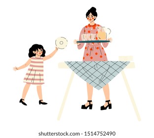 Girl Helping Her Mother Set the Table, Family Having BBQ Party Outdoors Vector Illustration