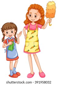 Girl helping mom cleaning house illustration