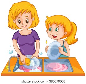 Girl Helping Mom Doing The Dishes Illustration