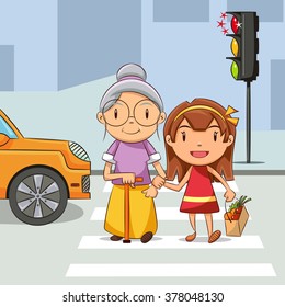 Girl Helping Old Woman Cross The Street