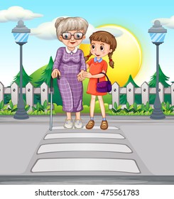 Girl Helping Old Woman Crossing The Road Illustration