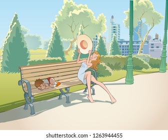 girl helps a baby to sleep covering the rays of the sun