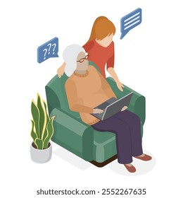 A girl helps an elderly woman understand the computer. An old lady learns to work on a laptop. Generational communication concept. Vector isometric design