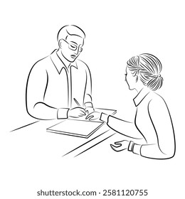 Girl helps man to write in a journal, leave a signature. Registration. Woman secretary, office worker. Vector illustration.