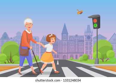 girl helps old lady to cross the road