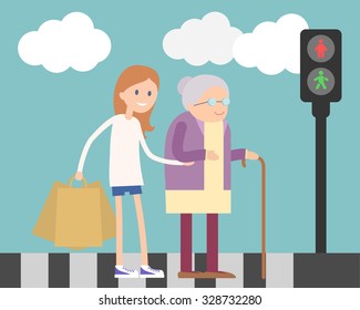 Girl Helps Old Lady Crossing Road. Flat Illustration About People Kindness 