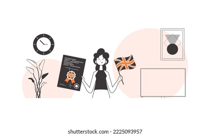 The girl helps teaches English. The concept of learning a foreign language. Linear style.