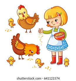 Girl, hens and chickens Isolated on a white background. Vector illustration in children`s, cartoon style.