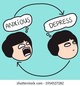 Girl With Her Anxious And Depress Mood Thought Bubble Cycle Concept Card Character illustration