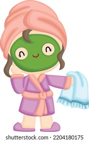 a girl in her bathrobe and wearing a beauty mask